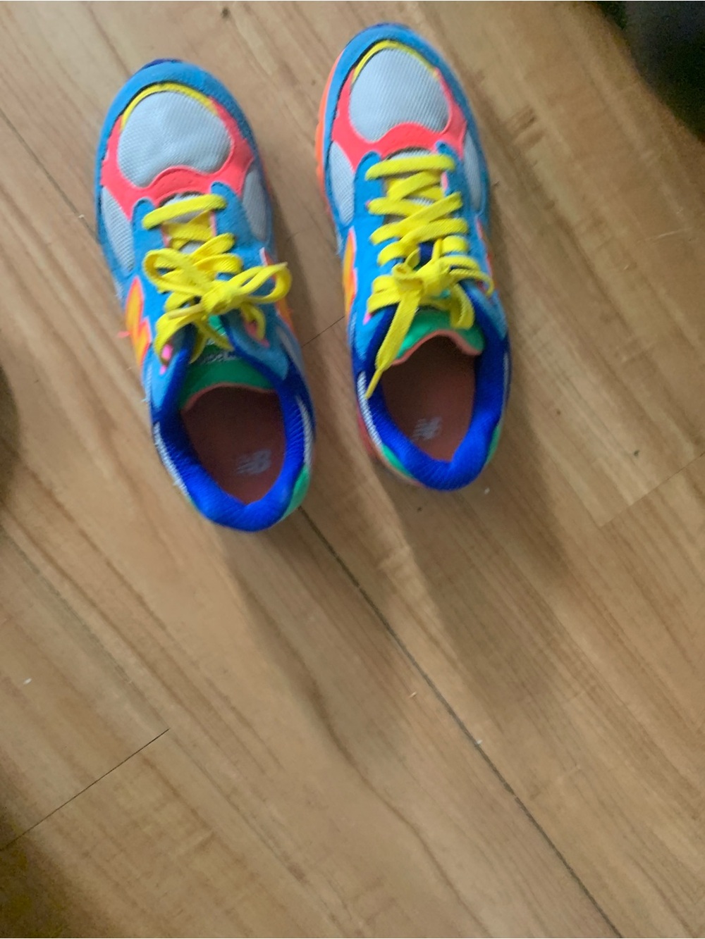 New Balance Kids Blue Sneakers with Yellow Laces and Pink Accents - Picture 1 of 8